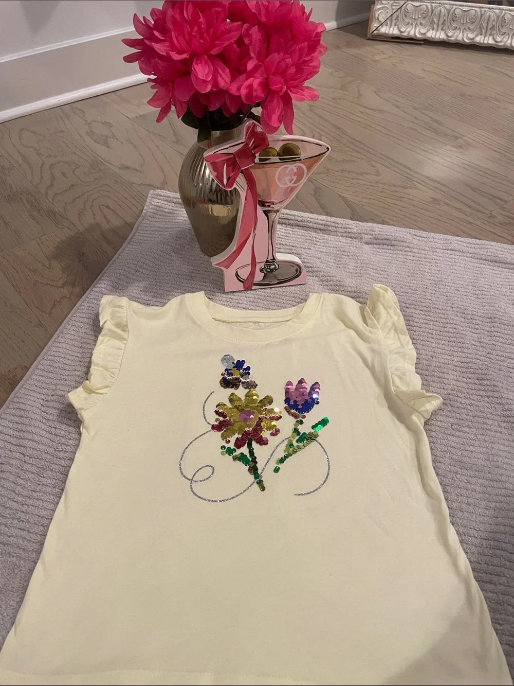 Cat & Jack Cream Floral Sequin Ruffle Sleeve Tee